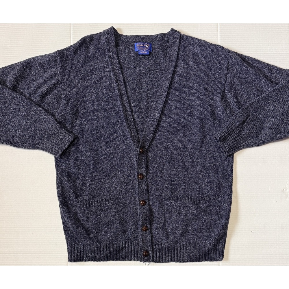 PENDLETON - Men's Blue 100% Virgin Wool Button Cardigan Grandpa Sweater - Large